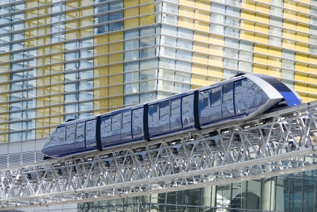 A monorail train passes beside the multi-colored facade of the modern CityCenter complex in Las Vegas, Nevadaのeditorial素材