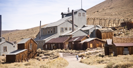 The historic gold mill in the western gold mining ghost town town of Bodie Californiaの写真素材