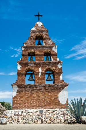 The restored campanario at Mission San Miguel Arcangel in Central Californiaの写真素材