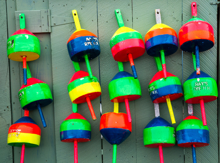 Colorful lobster buoys in Maineの写真素材