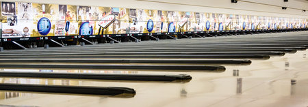 Las Vegas, NV, USA - January 10, 2015: Bowling lanes glisten in prepartion for a championship tournament at the Gold Coast Hotel and Casino in Las Vegas.のeditorial素材