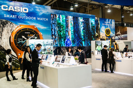 Las Vegas, NV - Jan. 8, 2016: Visitors gaze at the new line of Casio smart watches at the 2016...