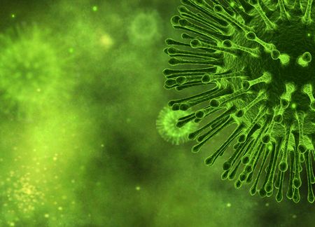Flu virus closeup on green with bacteria backgroundの写真素材