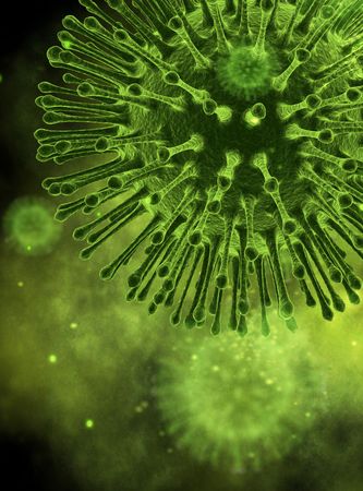 Flu virus closeup on green with backeria backgroundの写真素材