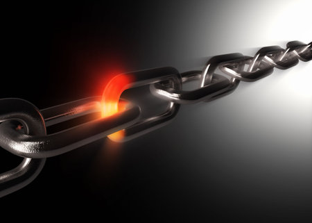 Taut metal chain with one fiery glowing piece