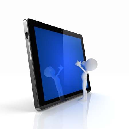 Man ask for help with digital tablet touch screenの写真素材