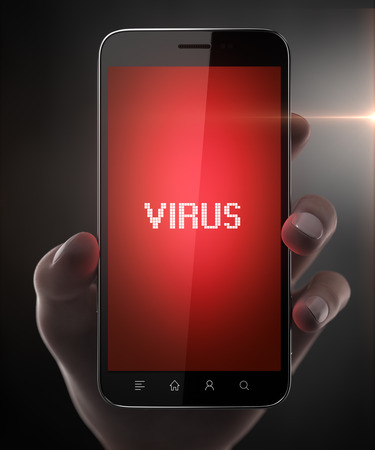 Blank smart phone with virus in woman handの写真素材