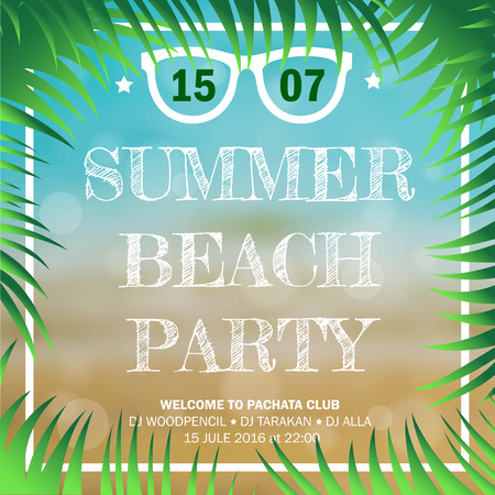 Hello Summer Beach Party decorated with palm branches on the background of the beach, blue ocean and golden sand.のイラスト素材