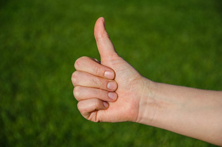 Hand with thumb up on a green grass background. Ok sign by woman