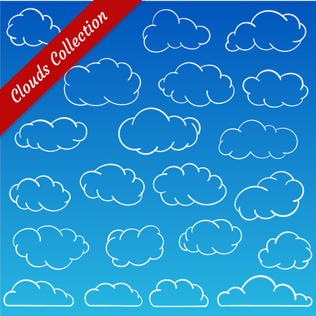Cloud shapes collection. Cartoon clouds contours set simplified and minimalisticのイラスト素材