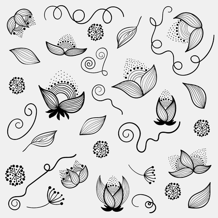 Hand drow design elements  for invitations and greeting cards of different products for weddings St. Valentine and any other events. Beautiful floral motives, plants, leaf, flowers. Vector setのイラスト素材