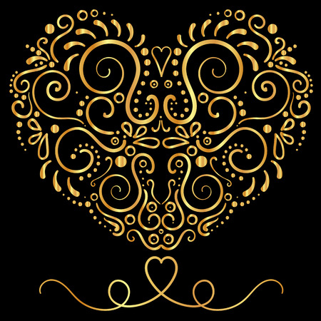 Golden  ornamental floral ornament on the black background. Elegance shape of heart . Vintage styleのイラスト素材