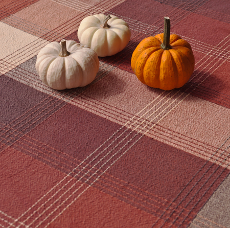 Three pumpkins, two white and one orange on a table with a plaid table clothの写真素材