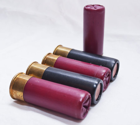 Five shotgun shells, four laying and one stood up on a white background