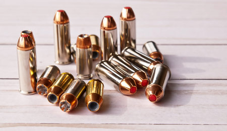 Sixteen bullets, eight 40 caliber hollow points and eight 44 special red tipped ones on a white...