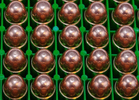 Twenty full metal jacketed 45acp round nosed bullets in a green case