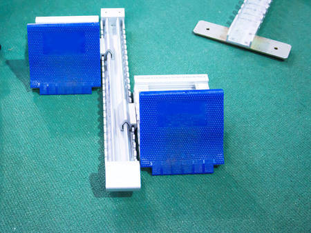 Blue starting blocks ready to be used in the finals of the 55m dashの写真素材