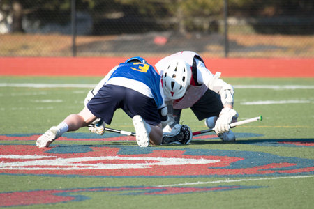 Two lacrosse athletes face off in the middle of the fieldの写真素材