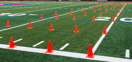 A green turf field is set up with orange cones for athletes to perform agility and speed training...