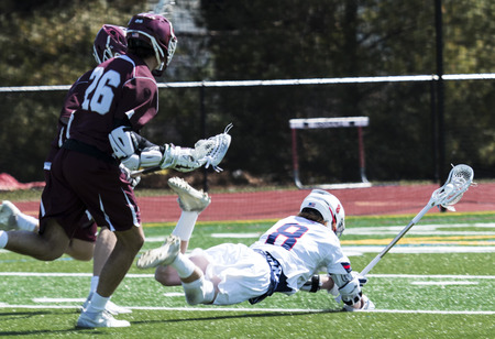 During a high school lacrosse game, a player gets pushed down and the ball starts to boune out.の写真素材