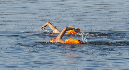 Two male swimmers are swimming outdoors in the Long Island Sound with oange floatation devices floating behind them for safety.の写真素材