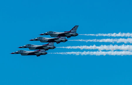 Wantagh, New York, USA - 24 May 2019: The United States Air Force Thunderbirds performing the...