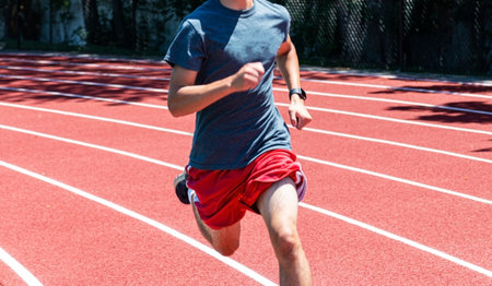A high school boy is running fast toward the camera on a red track in sunshine.