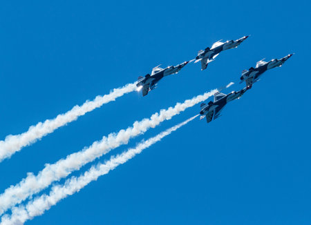Wantagh, New York, USA - 24 May 2019: The United States Air Force Thunderbirds rising in the sky...