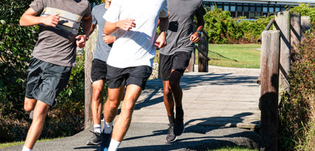 Four high school cross country runners are on a path crossing a wood bridge running a training run...