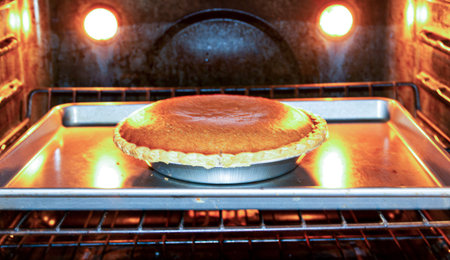 One homeade pumpkin pie is baking in the oven with its lights on for the holiday.