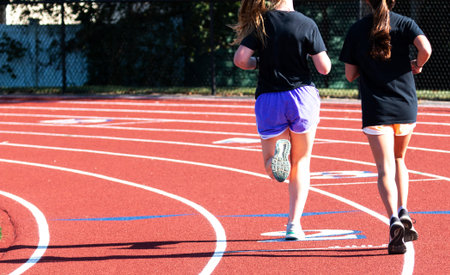Rear view of two high school cross country runners running on a track in lnes two and three starting to turn on the curve.の写真素材