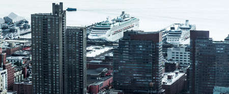 New York City, New York, USA - 14 August 2018: The view of cruise ships and buildings in New York City from above.のeditorial素材