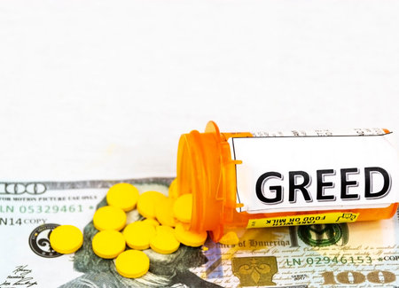 A prescription pill bottle with greed written on it has yellow pills spilling out on to a one hundred dollar bill with a white background for copy space.の写真素材