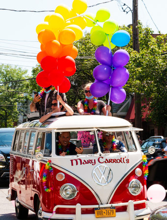Babylon, New York, USA - 28 June 2020: Hitch handmade market decorated with rainbow flags on Main...
