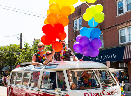 Babylon, New York, USA - 28 June 2020: Hitch handmade market decorated with rainbow flags on Main...