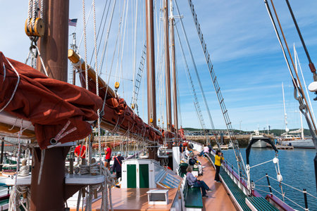 Camden, Maine, USA - 29 July 2017: View of the deck of a large sailboat as tourist start to come...