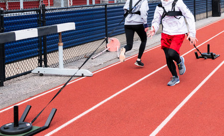 Two high school track and field runners pulling sleds with weights in opposite directions on a track...