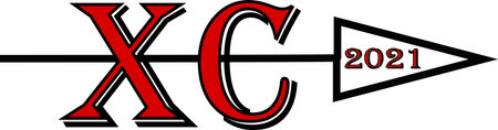 Red XC letters with black trim and an arrow though the middle and 2021 in the point of the arrow.の写真素材