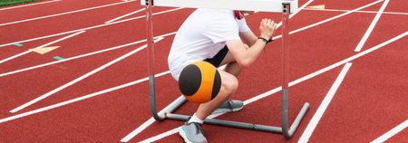 Boy squatting under a hurdle after dropping a medicine ball over and retreiving the ball during...