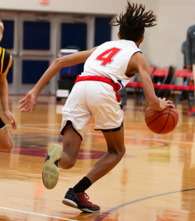 Basketball player dribbling the ball and making a nove on his defender during a high school basketball game indoor.の写真素材