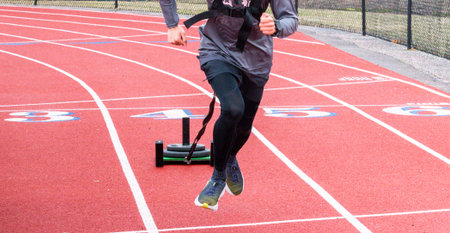 Front view of a high school boy running while pulling a sled with weights on a track during practice.の写真素材