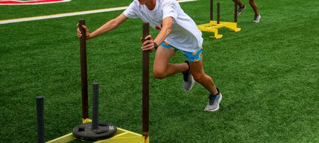 Runners pushing sleds with weights on a turf field during strength and agility drills at a high...