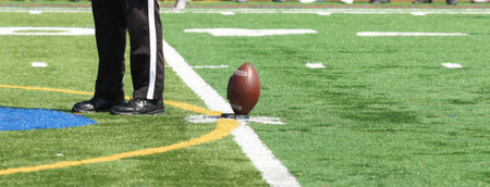 Football on the tee for kickoff of a high school game on a green turf field with thr referee standing next to the ball.の写真素材