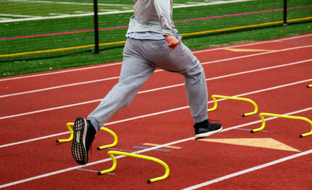 Side view of a high school boy running the wicket drill over yellow mini banana hurdles on a red...