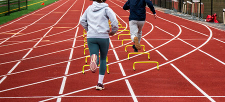 Rear view of two runners running over six inch yellow mini hurdles in lanes on a track at practice.の写真素材