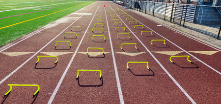 Four rows of yellow six inch mini hurdles set up in lanes on a track for runners to run over performing the wicket drill.の写真素材