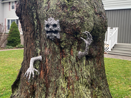 Tree decorated to look like it has a monster inside of it trying to get out.