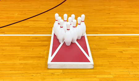 Bowling pins on a cornhole game board in a gym for gym classes to have fun.