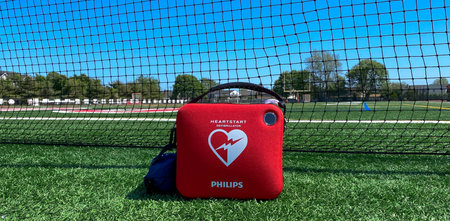 West Islip, New York, USA - 17 May 2023: One portable AED defribrillator resuscitation machine on a...