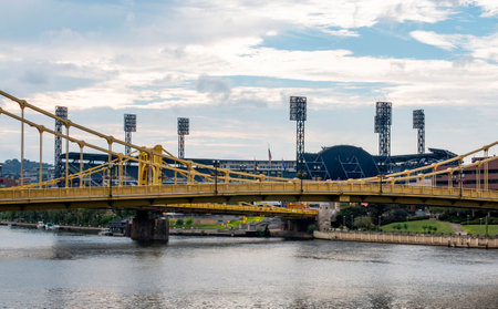 Pittsburgh, Pennsylvania, USA - 6 August 2023: Looking through the sevent and sixth street bridges at PNC Parkのeditorial素材